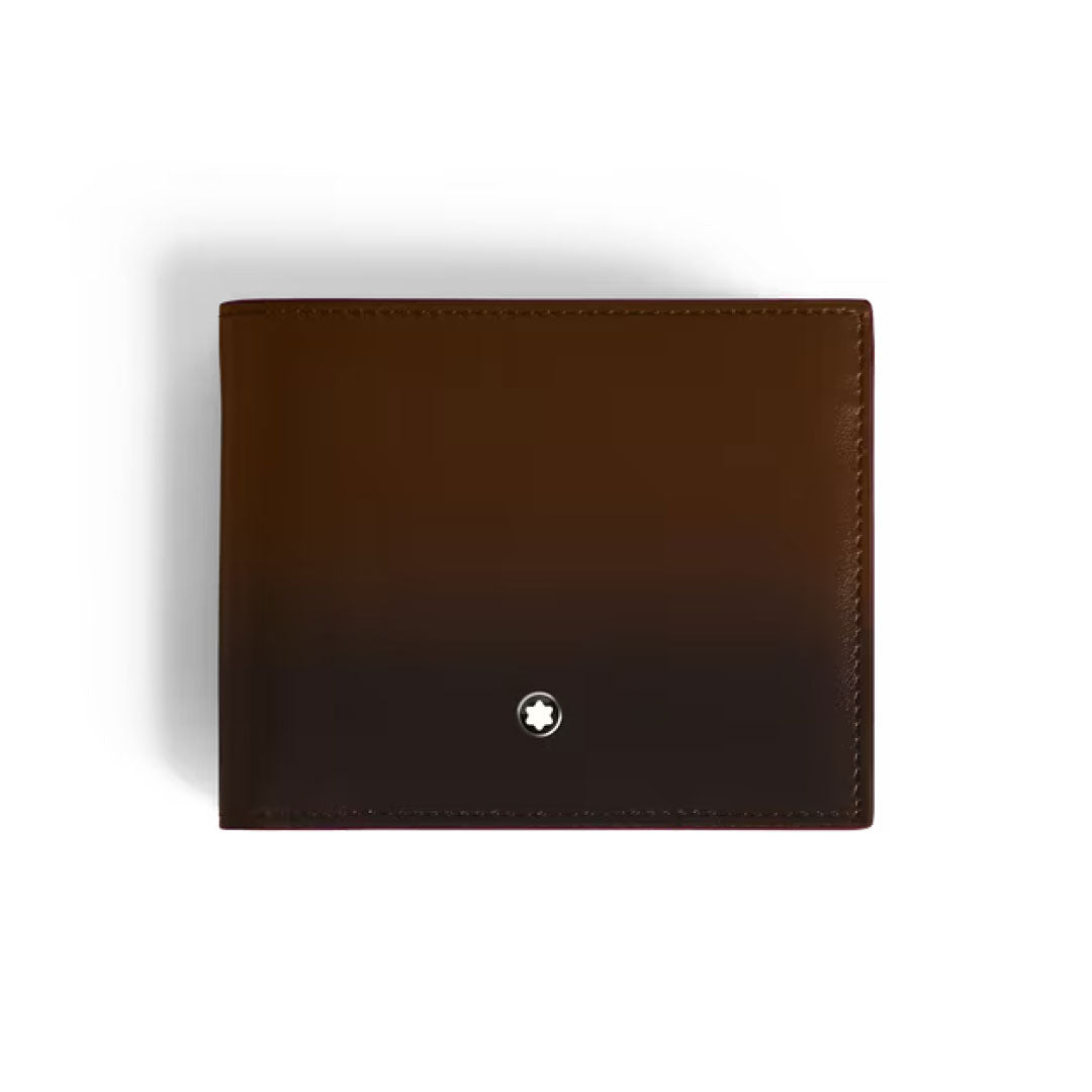 The Montblanc Meisterstück Sfumato 6CC Leather Wallet, shown closed in brown leather with fine stitching and a signature white emblem at the bottom center, exemplifies refined luxury on a white background.