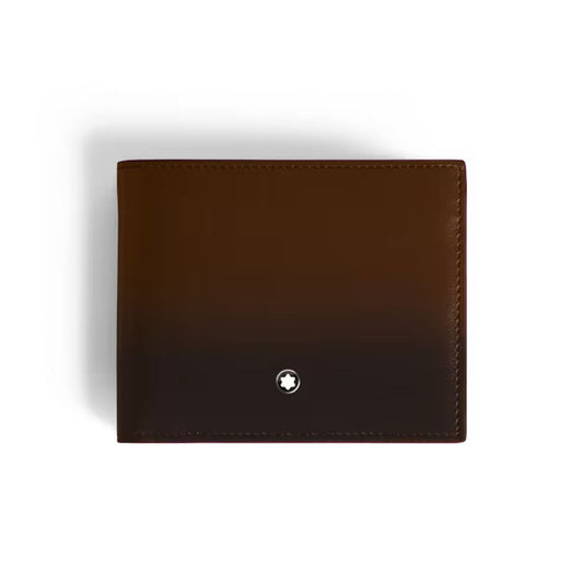 The Montblanc Meisterstück Sfumato 6CC Leather Wallet, shown closed in brown leather with fine stitching and a signature white emblem at the bottom center, exemplifies refined luxury on a white background.