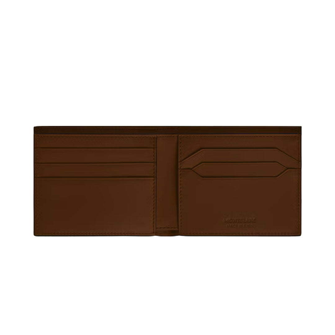 The Montblanc Meisterstuck Sfumato 6CC Leather Wallet is open, revealing multiple card slots and compartments on both sides—a luxurious Montblanc accessory with a smooth, refined design.