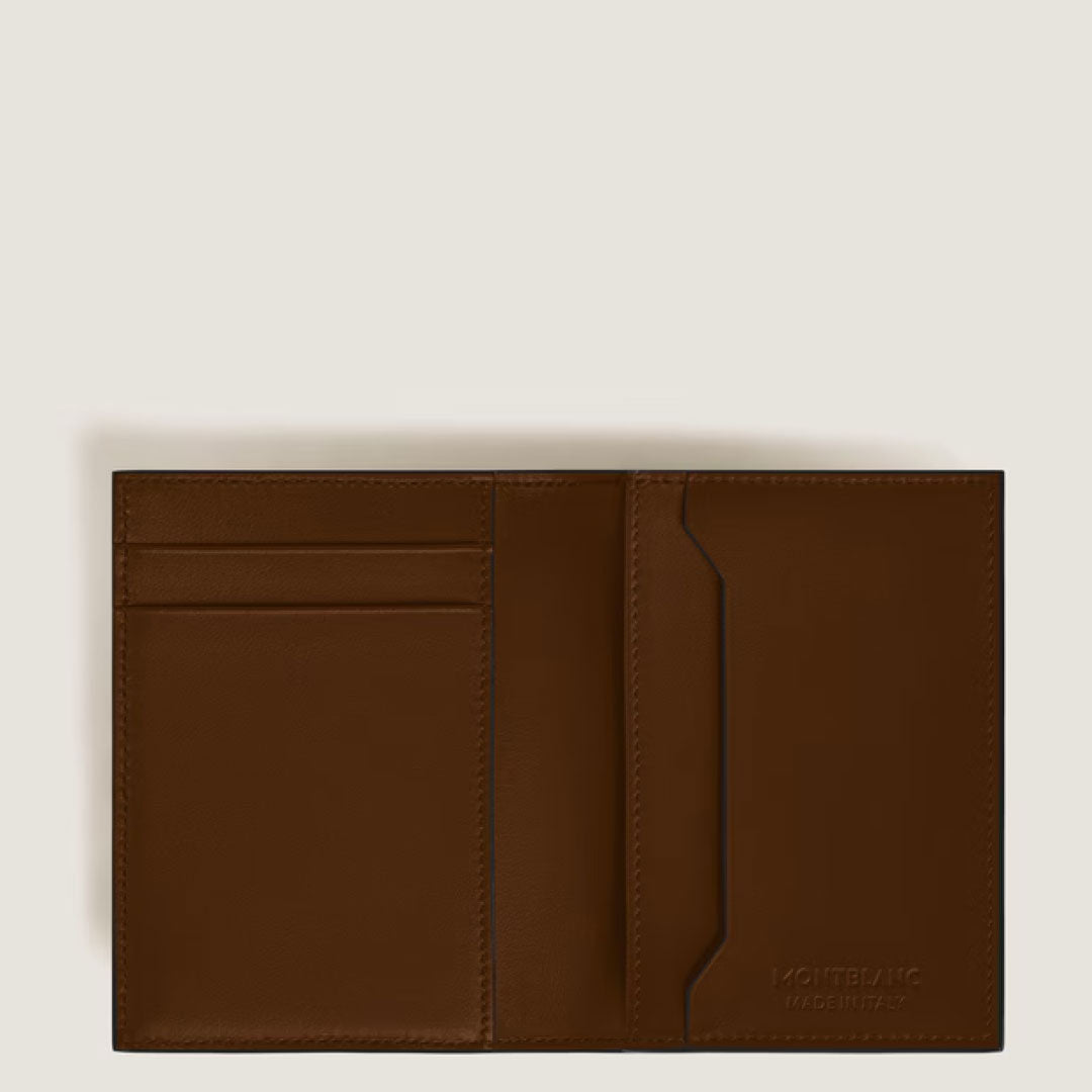 The Montblanc Meisterstück 4cc Brown Sfumato Leather Card Holder features multiple card slots, a pocket, and an embossed Montblanc logo on the bottom right corner, displayed open on a neutral light background.