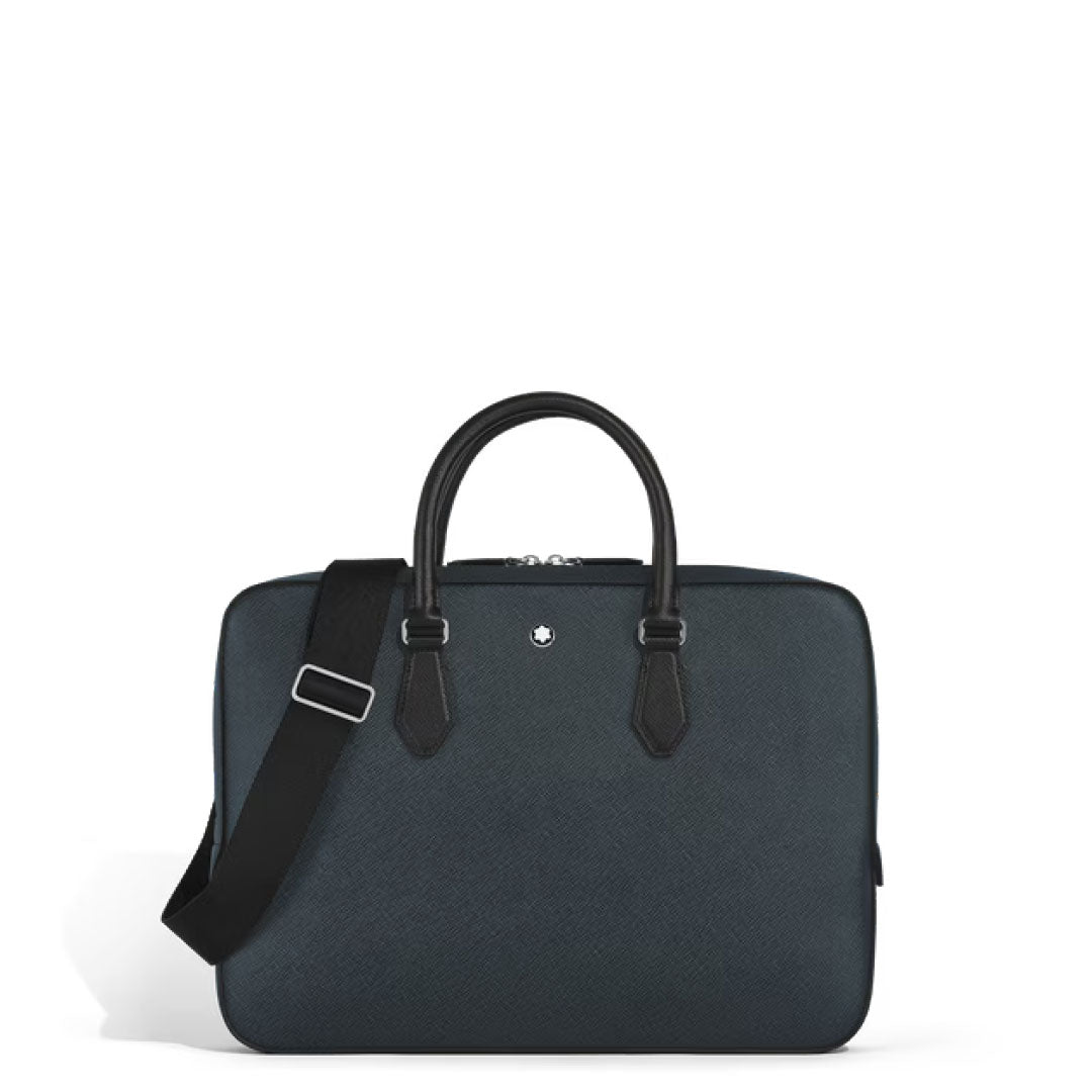 The Montblanc Sartorial Thin Document Case Bag features two handles, a detachable black shoulder strap, and a small silver emblem on the front, displayed against a plain white background.