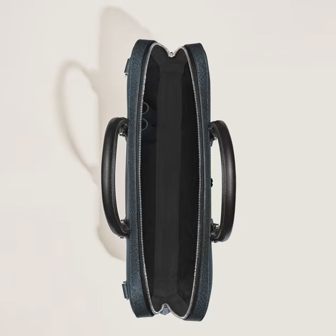 Top view of the Montblanc Sartorial Thin Document Case Bag, crafted from fine black leather with handles on each side and a roomy, open interior with a zip closure, showcased against a light background.