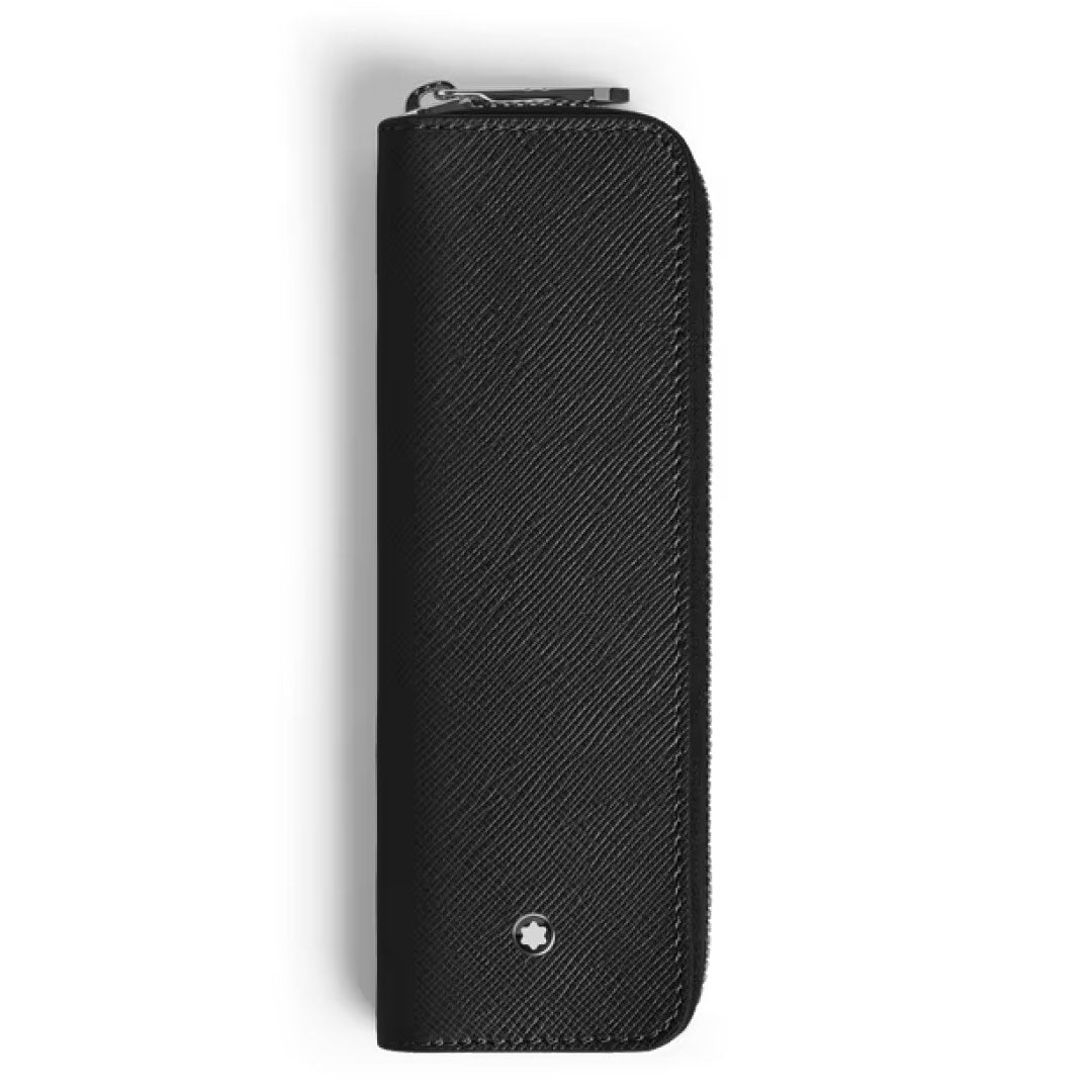 The Montblanc Sartorial Single Leather Pen Pouch with Zip is a black, textured leather pouch featuring a zip closure and the brand’s signature white star emblem near the bottom.