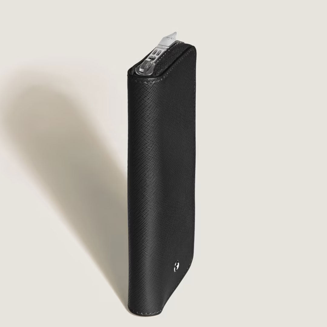 A tall, slim Montblanc Sartorial Single Leather Pen Pouche With Zip stands upright on a light surface, partially unzipped to reveal its contents. Reminiscent of fine sartorial leather, it casts a soft shadow to the left.