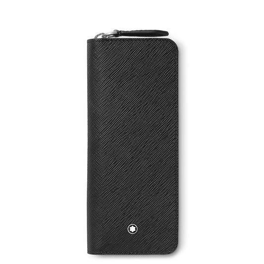 The Montblanc Sartorial Black 2-Pen Pouch with Zip features textured black saffiano leather and a small circular white Montblanc emblem near the bottom, shown upright against a white background.