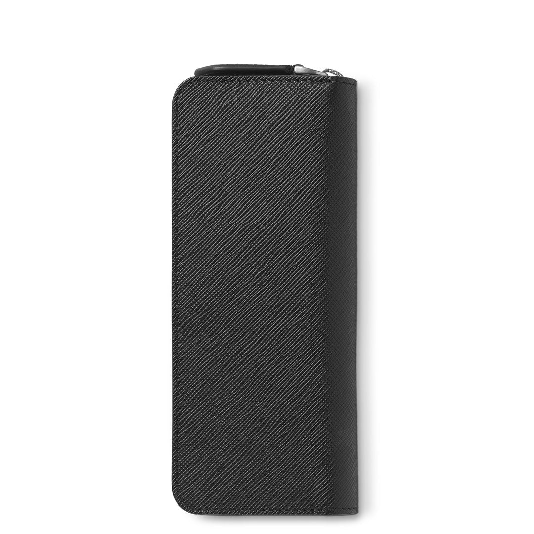 The Montblanc Sartorial Black 2-Pen Pouch with Zip, featuring textured saffiano leather, is displayed vertically on a white background with its front side and top zipper visible.