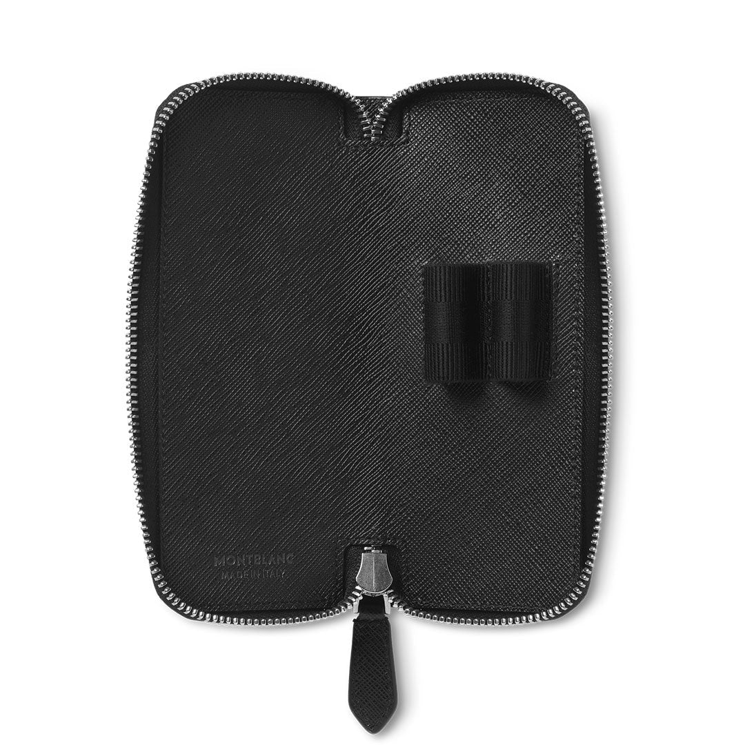 The Montblanc Sartorial Black 2-Pen Pouch with Zip features saffiano leather, two elastic pen loops inside, a subtle textured pattern, and "Montblanc" branding embossed on the interior.
