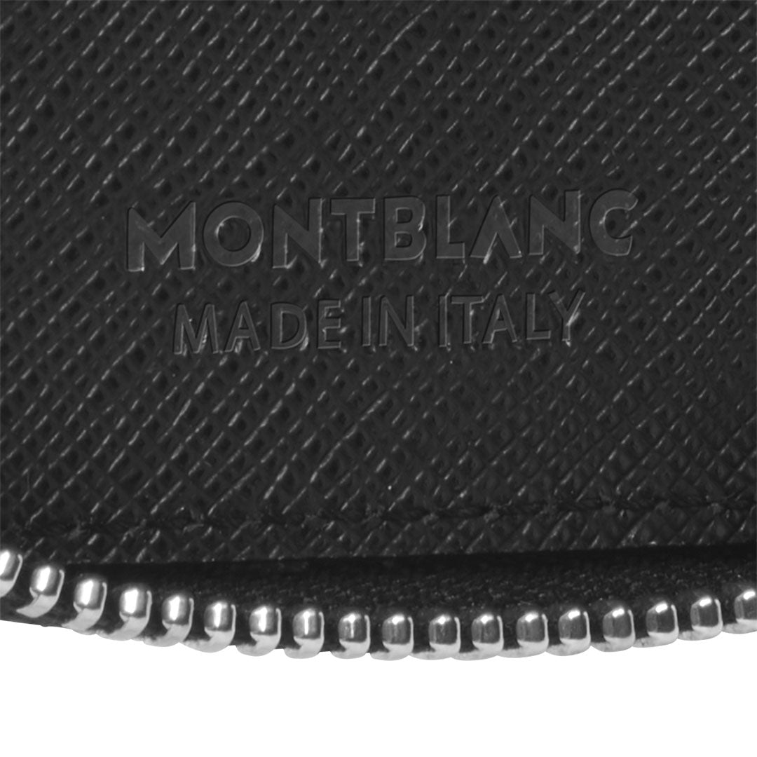Close-up of the textured black saffiano leather on a Montblanc Sartorial Black 2-Pen Pouch with Zip, featuring embossed "Montblanc Made in Italy" text above its silver zipper.