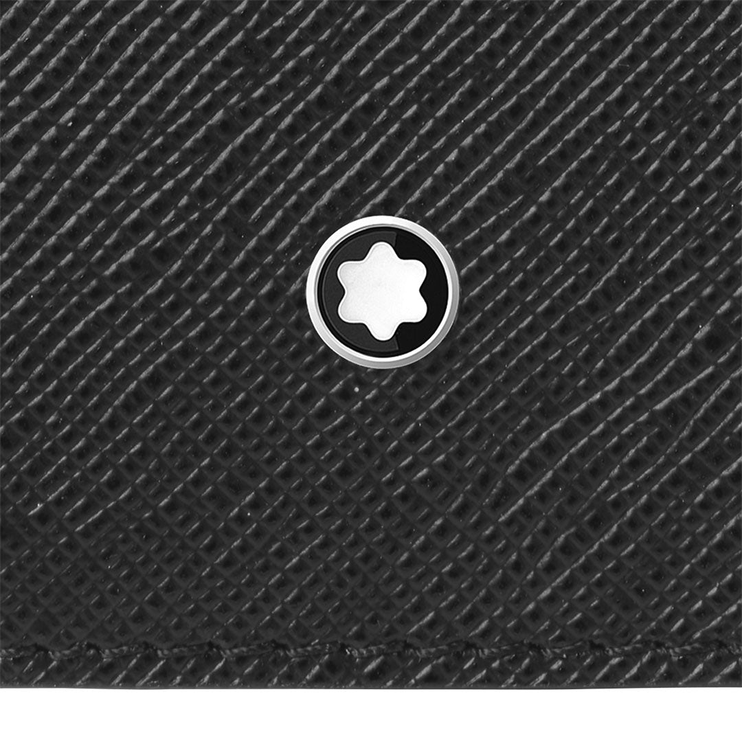 Close-up of the Montblanc Sartorial Black 2-Pen Pouch with Zip, showing its black saffiano leather and circular metallic Montblanc emblem featuring a white star design.