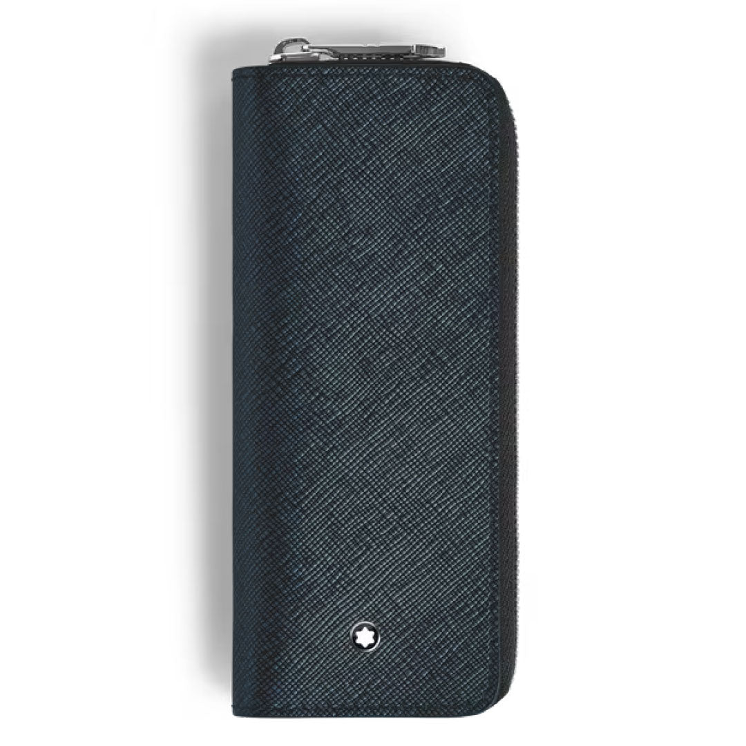 A textured dark blue Montblanc Sartorial Leather 2 Pen Pouch with zip, featuring a silver zipper and the brand’s white star emblem near the bottom, stands upright against a plain white background.