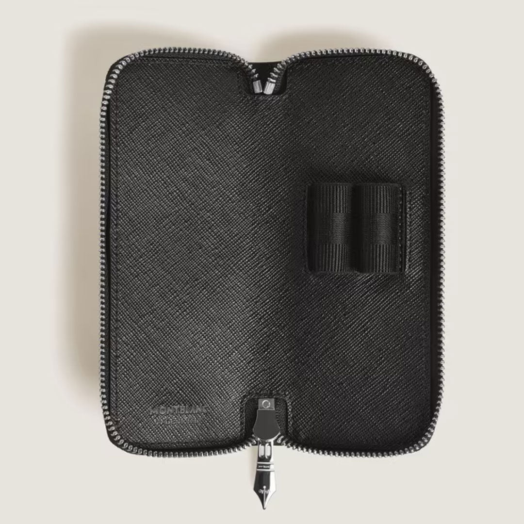The Montblanc Sartorial Leather 2 Pen Pouche With Zip is a black textured leather case with two elastic pen loops, shown open and empty against a light background.