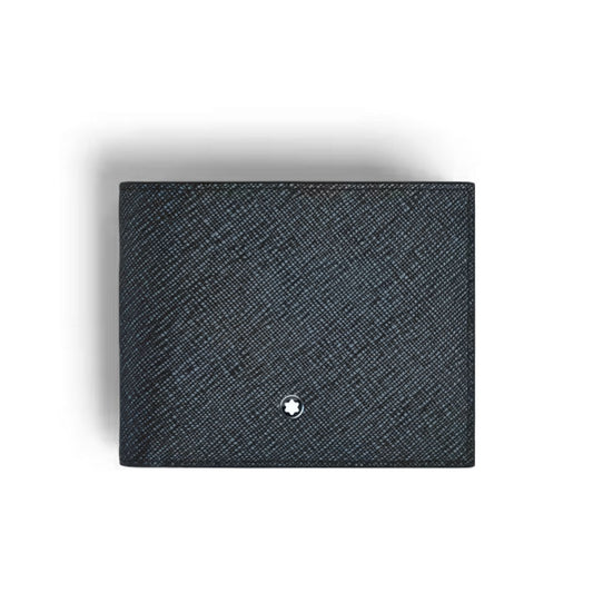 The Montblanc Sartorial Leather 6cc Wallet features a black textured finish, multiple card slots, and a small white circular emblem in the center, shown on a white background.