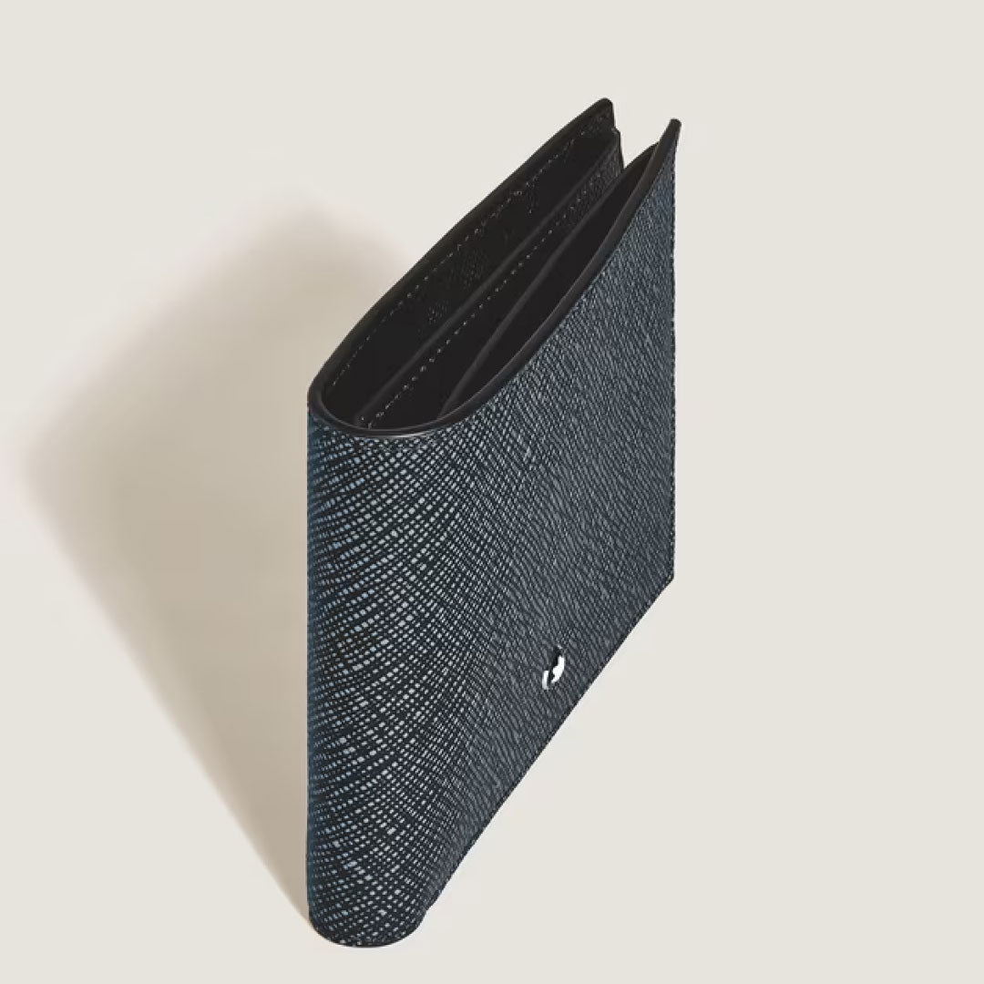 The Montblanc Sartorial Leather 6cc Wallet by Montblanc stands upright on a light background, partially open to showcase its elegant compartments and signature craftsmanship.