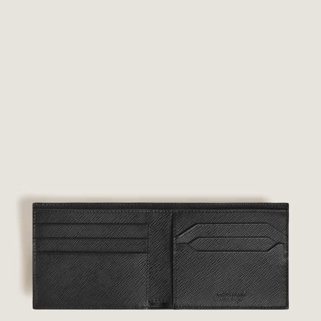 The Montblanc Sartorial Leather 6cc Wallet by Montblanc, in sleek black leather, is open on a light beige background, displaying multiple card slots and compartments designed for holding cash and cards.