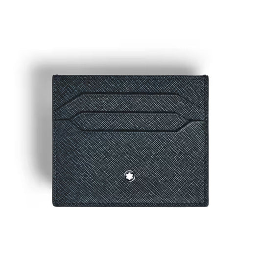 The Montblanc Sartorial Leather 6cc Card Holder features black textured leather, two visible card slots, and a small circular emblem near the bottom center, displayed against a white background.