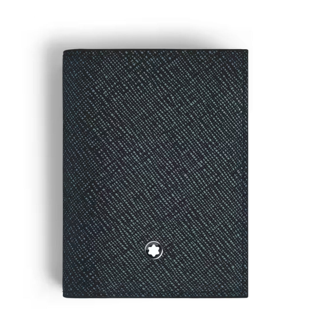 The Montblanc Sartorial Leather 4cc Card Holder features black textured leather, multiple card slots, and a small round white star emblem at the bottom center, displayed on a plain white background.