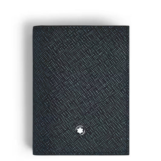 The Montblanc Sartorial Leather 4cc Card Holder features black textured leather, multiple card slots, and a small round white star emblem at the bottom center, displayed on a plain white background.