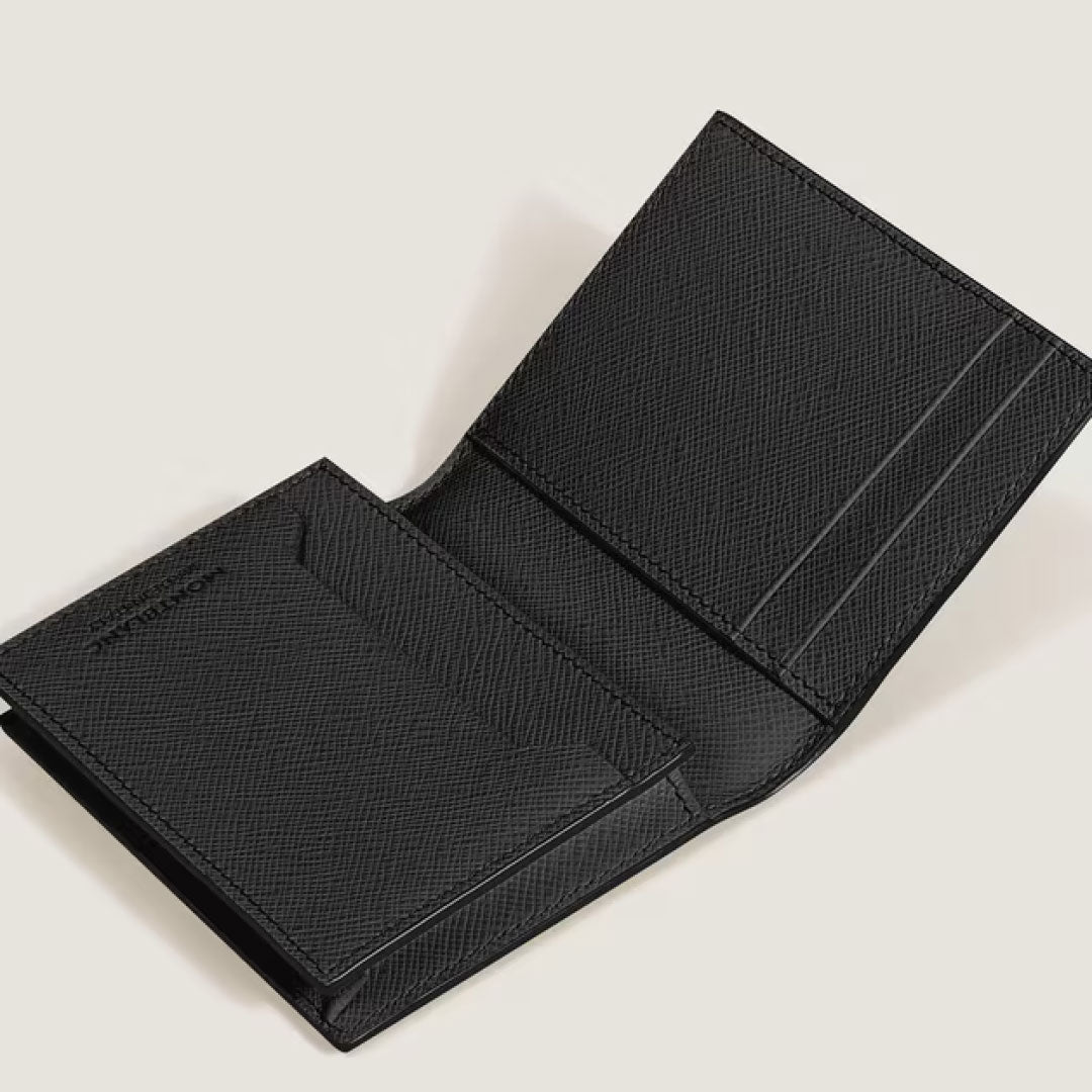 The Montblanc Sartorial Leather 4cc Card Holder by Montblanc is an open black textured leather card holder with a coin pouch on the left and credit card slots on the right, displayed against a plain light background.