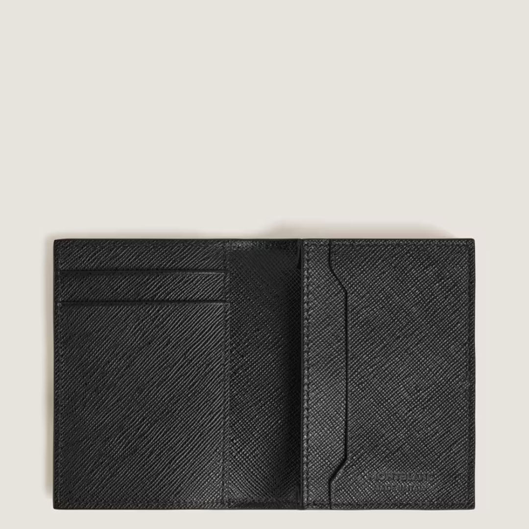 The Montblanc Sartorial Leather 4cc Card Holder by Montblanc is shown open on a neutral background, highlighting its black textured leather finish, multiple credit card slots on the left, and a large pocket on the right.