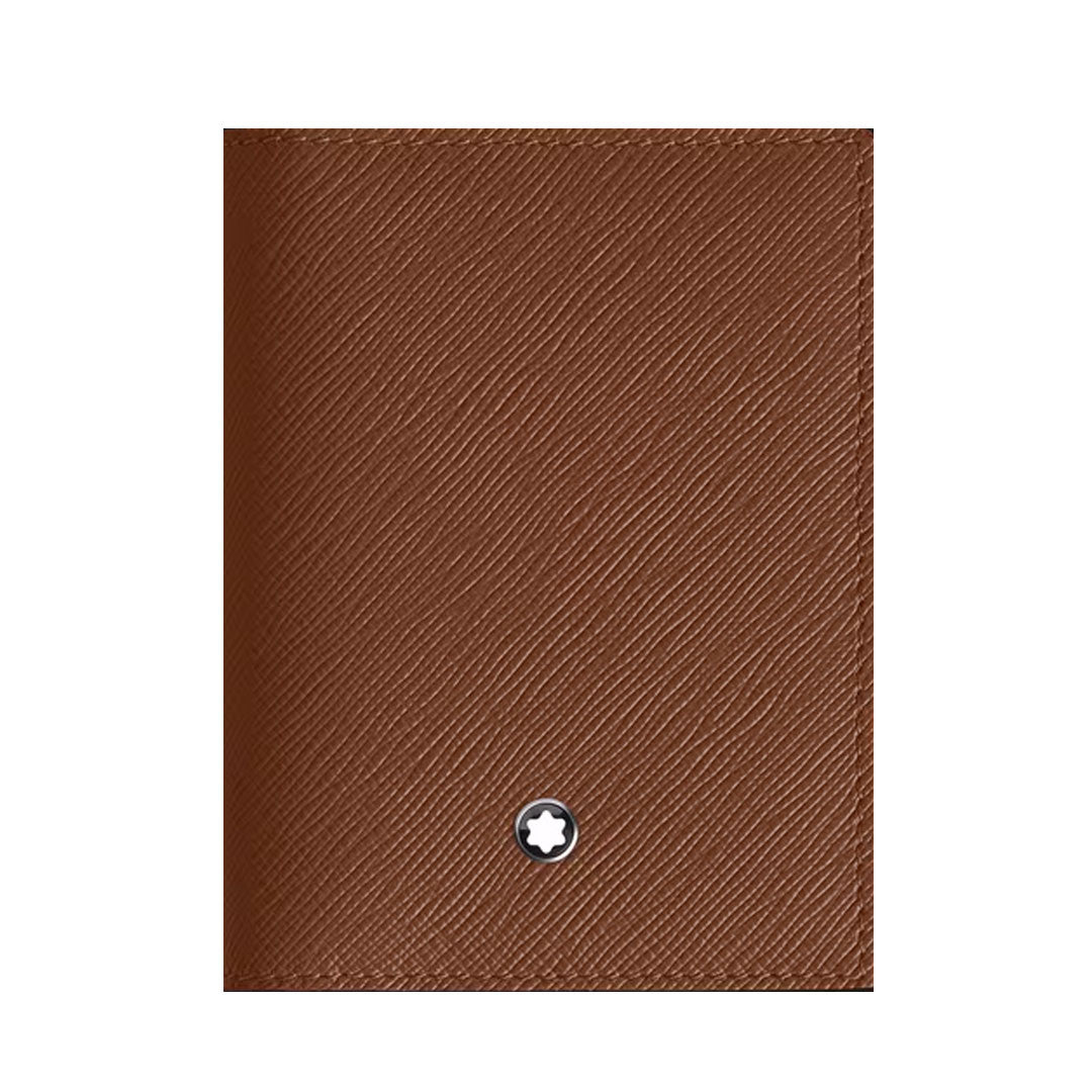 The Montblanc Sartorial 4CC Leather Card Holder is a brown textured wallet with credit card slots and a small circular emblem featuring a white star at the lower center, shown closed against a plain white background.