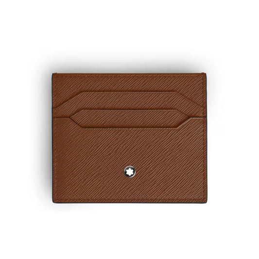 The Montblanc Sartorial Leather 6cc Card Holder, crafted from brown leather with a subtle diagonal texture, features two card slots and a small circular silver emblem near the bottom center, set against a plain white background.