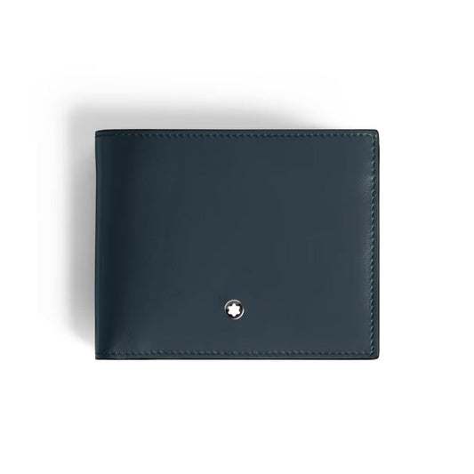 A closed Montblanc Meisterstuck 6CC Leather Wallet in navy blue, featuring a small silver circular emblem at the bottom center, displayed against a white background.