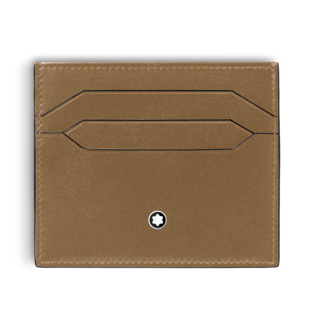 The Montblanc Meisterstuck 6CC Leather Card Holder features rich brown calfskin leather, two card slots, precise stitching, and Montblanc’s signature white star emblem near the bottom center. Shown against a plain white background.