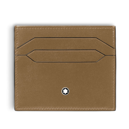 The Montblanc Meisterstuck 6CC Leather Card Holder features rich brown calfskin leather, two card slots, precise stitching, and Montblanc’s signature white star emblem near the bottom center. Shown against a plain white background.