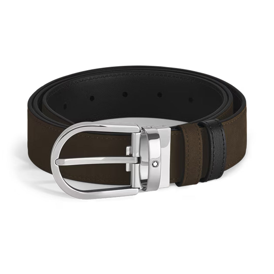 A rolled-up Montblanc Horseshoe Buckle Brown and Black 35mm Reversible Leather Belt, featuring a silver buckle and displayed on a white background.