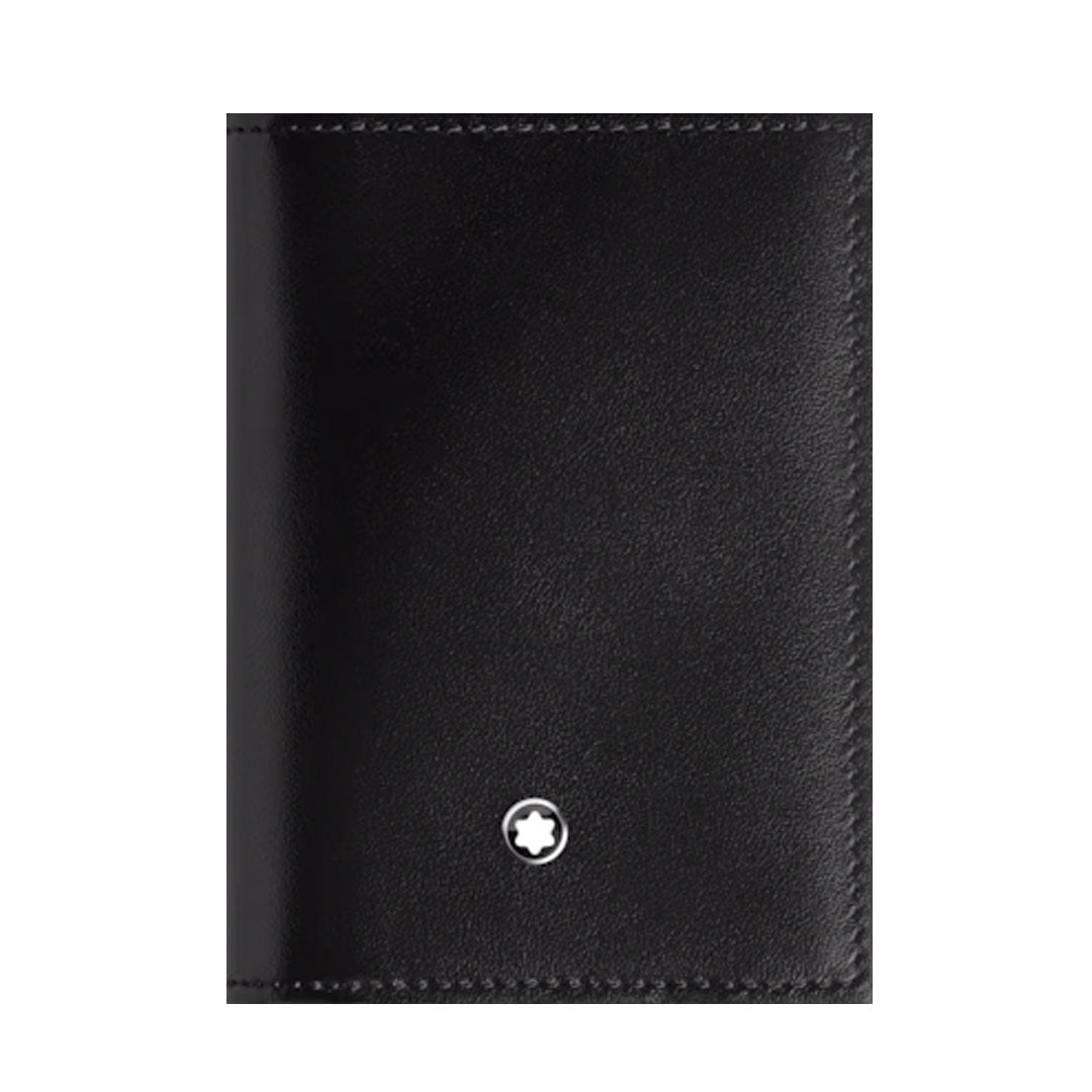 The Montblanc Meisterstuck 4CC Leather Card Holder features black leather, neat edge stitching, a signature round silver emblem, and multiple slots for organized card storage.