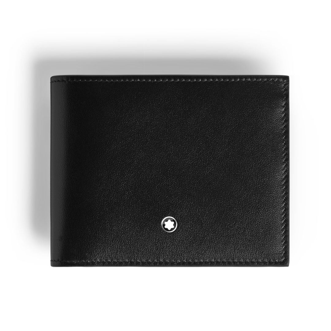 The Montblanc Meisterstuck 6CC Leather Wallet is a black leather bifold with a white star emblem on the front, shown against a white background.