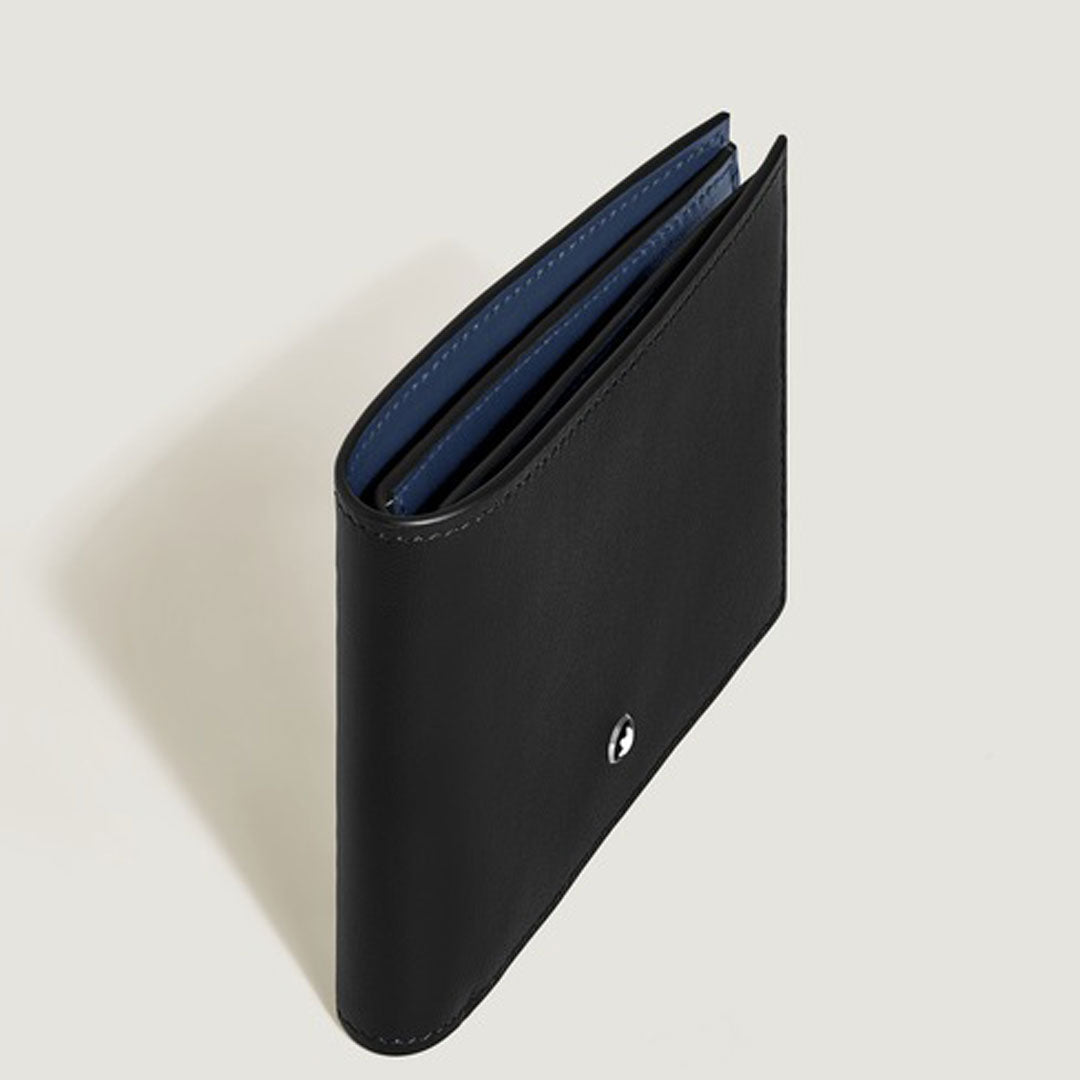 The Montblanc Meisterstuck 6CC Leather Wallet features a sleek black leather exterior with a blue interior, combining the brand’s timeless style and functional elegance in a classic bifold design.