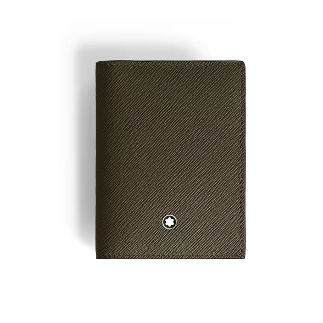 The Montblanc Sartorial 4CC Leather Card Holder, by Montblanc, features dark brown textured leather, multiple card slots, and a small round white emblem at the bottom center, shown upright against a white background.