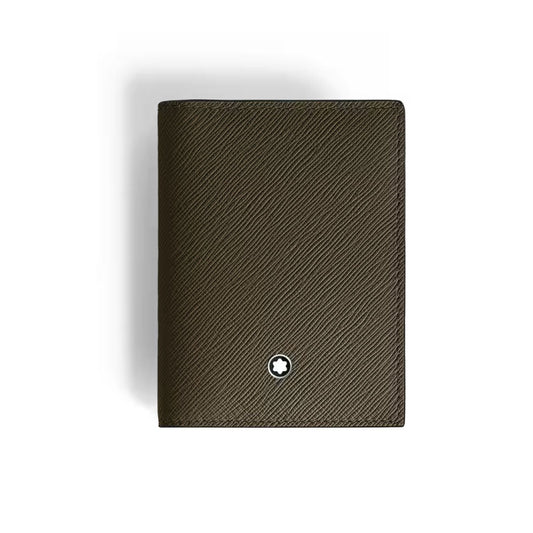 The Montblanc Sartorial 4CC Leather Card Holder, by Montblanc, features dark brown textured leather, multiple card slots, and a small round white emblem at the bottom center, shown upright against a white background.
