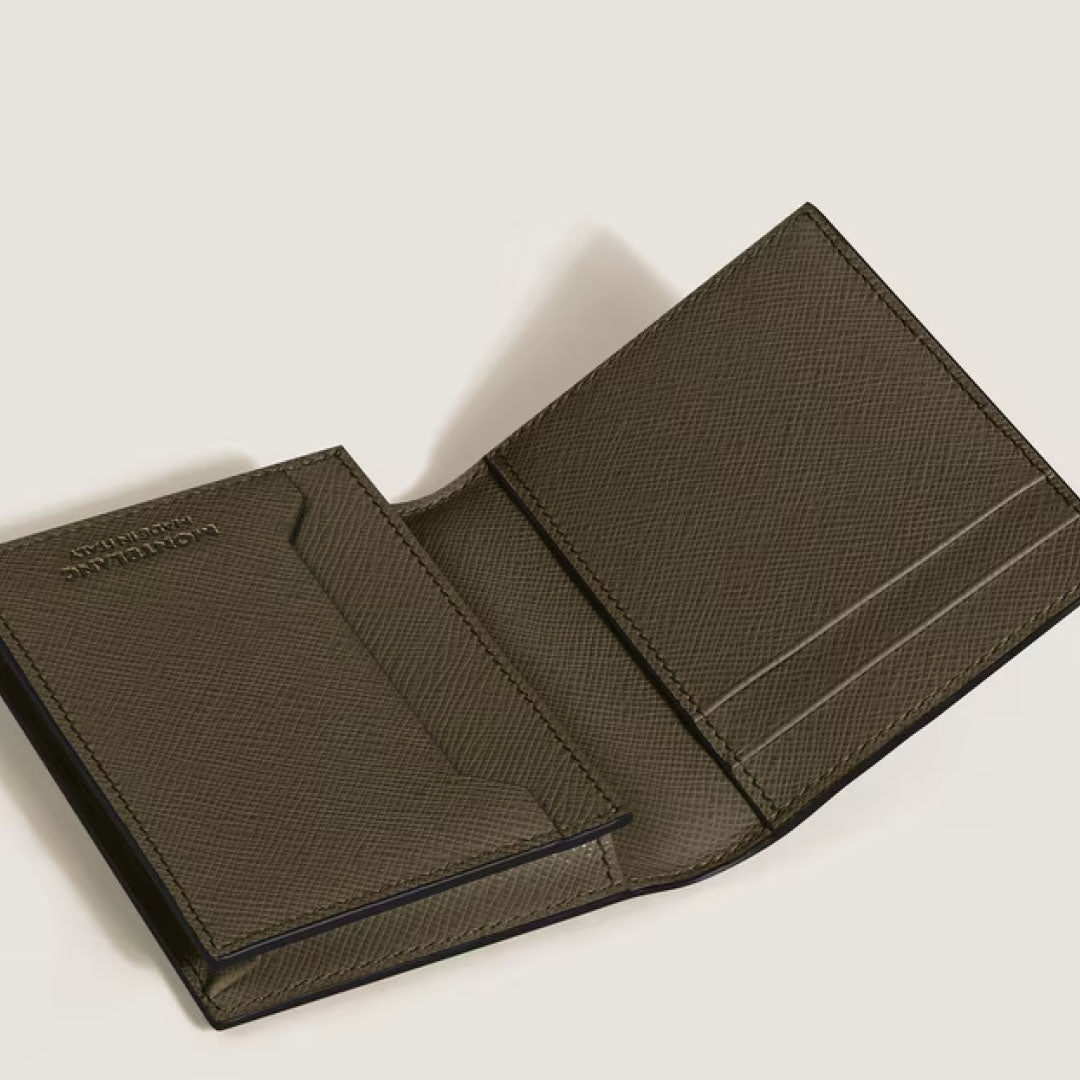 The Montblanc Sartorial 4CC Leather Card Holder in olive green features credit card slots on both sides and is shown on a neutral background.