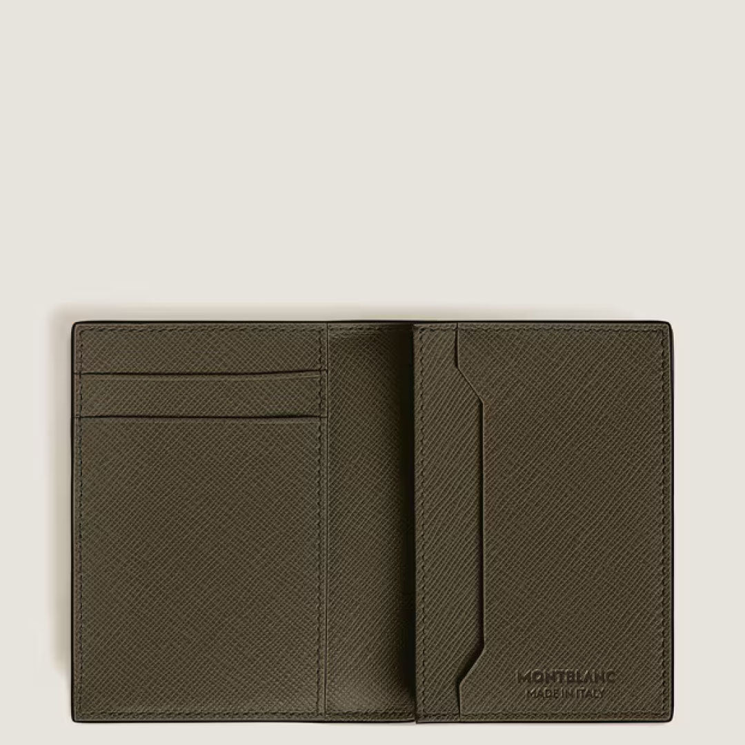 The Montblanc Sartorial 4CC Leather Card Holder in olive green features three credit card slots, a document pocket, and a textured interior embossed with "Montblanc Made in Italy.