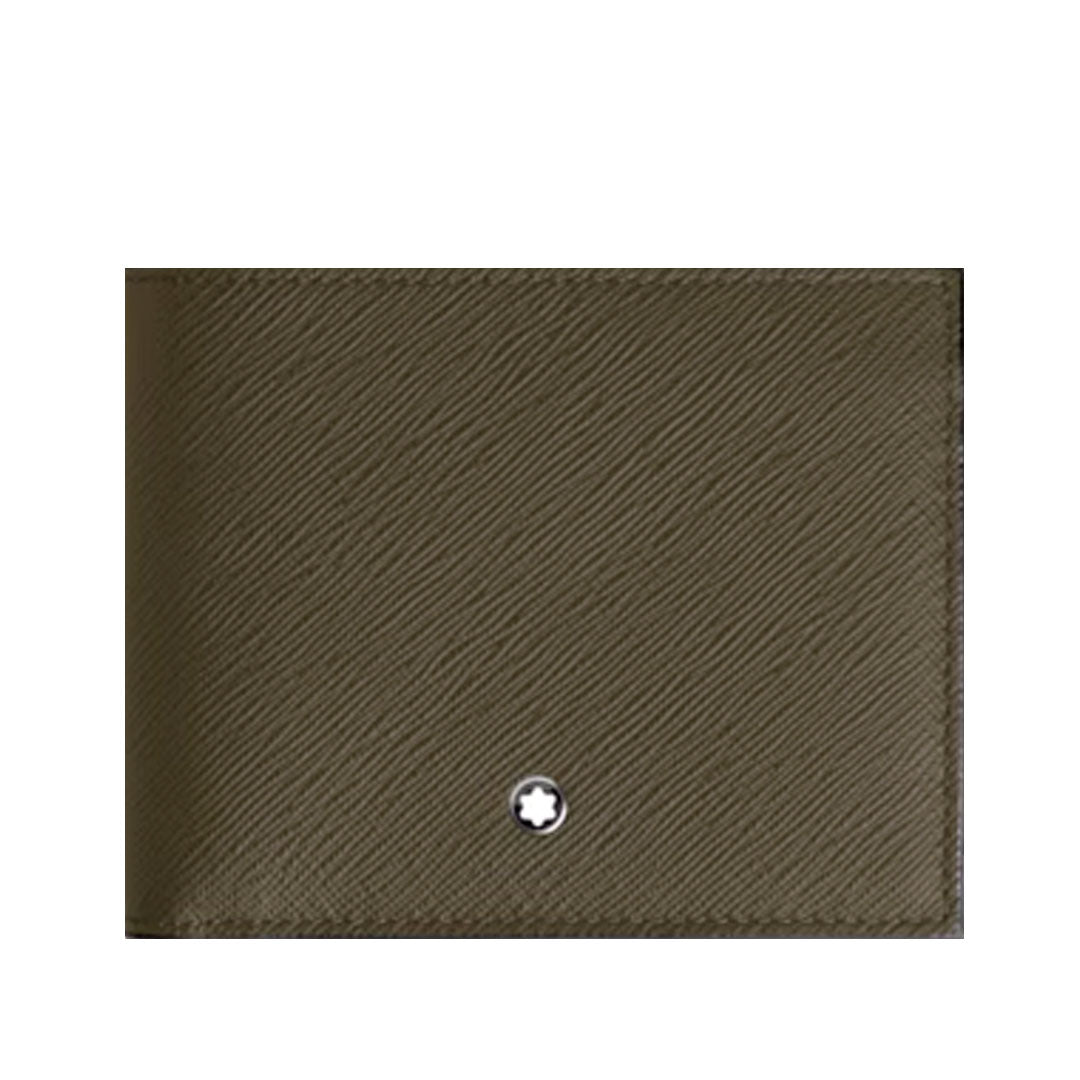 The Montblanc Sartorial 6CC Leather Wallet is a closed olive green leather wallet featuring a subtle diagonal texture and a small circular silver Montblanc emblem at the bottom center.