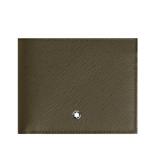 The Montblanc Sartorial 6CC Leather Wallet is a closed olive green leather wallet featuring a subtle diagonal texture and a small circular silver Montblanc emblem at the bottom center.
