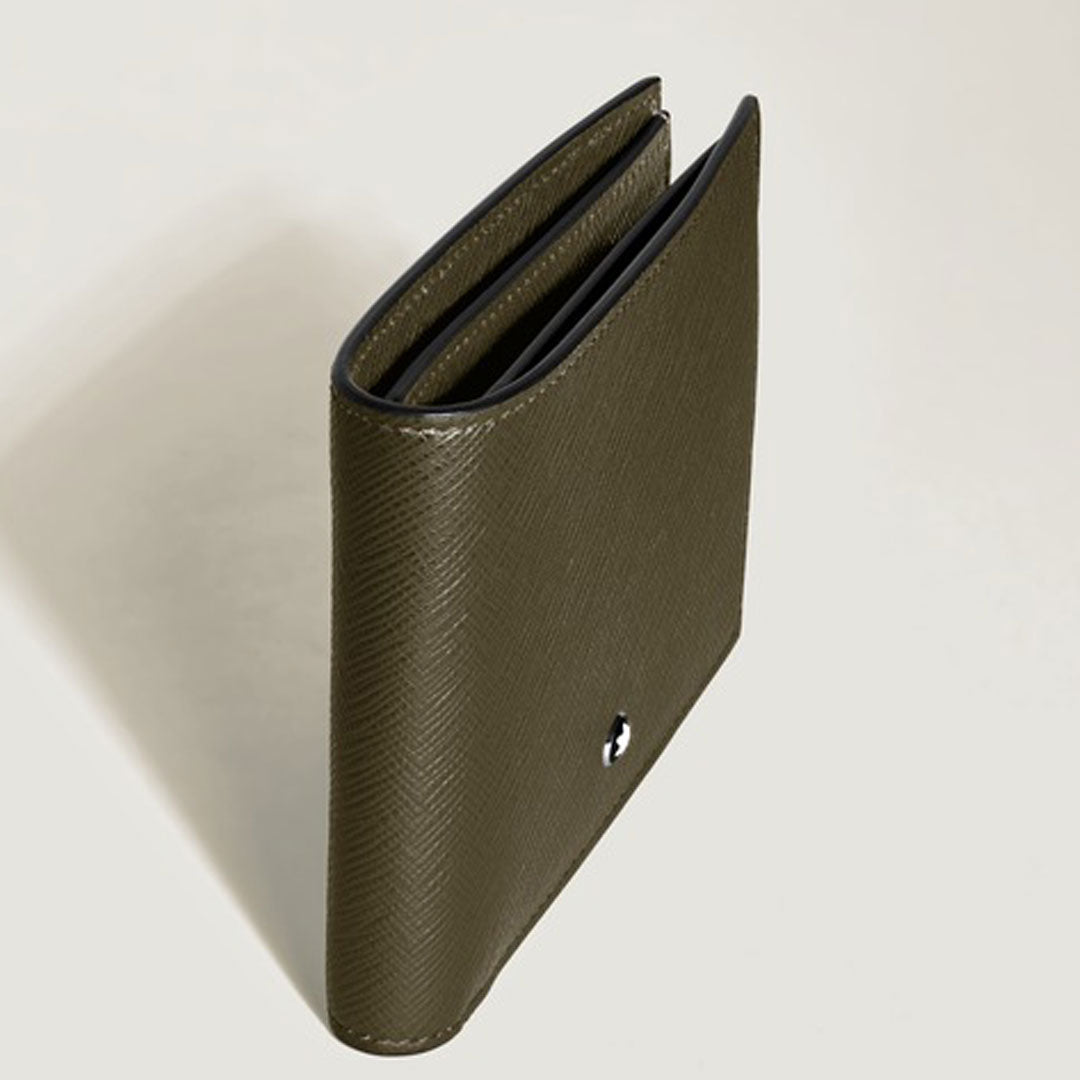 The Montblanc Sartorial 6CC Leather Wallet in dark olive green stands upright, slightly open to show its textured leather and a small round metallic Montblanc emblem on the front, against a plain light background.