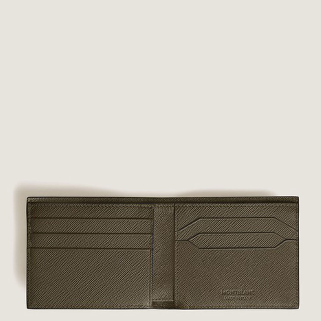 The Montblanc Sartorial 6CC Leather Wallet by Montblanc is open, revealing several card slots and compartments, set against a plain beige background.