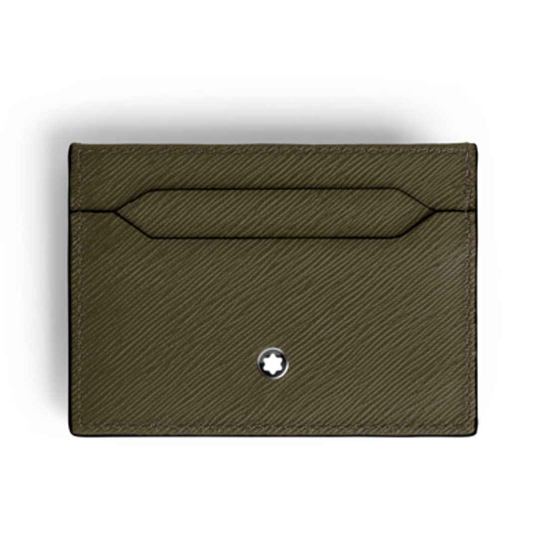 Olive green Montblanc Sartorial 6CC Leather Card Holder made from textured saffiano leather, with a central round silver emblem and single upper slot. Minimalist design by Montblanc, shown on a white background.