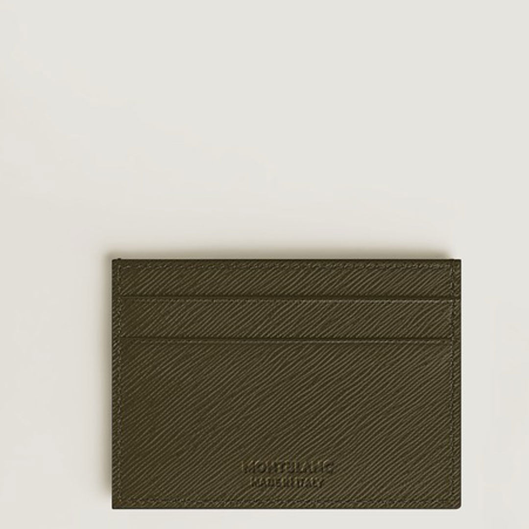 A Montblanc Sartorial 6CC Leather Card Holder in textured leather with multiple card slots and embossed "Montblanc" branding, displayed on a plain beige background.
