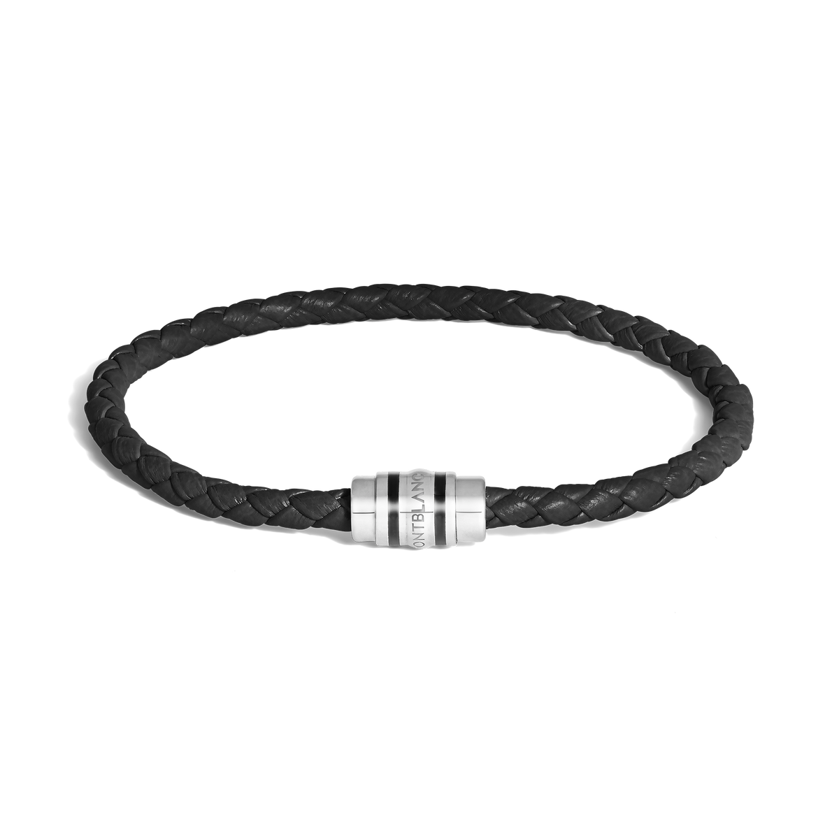 The Montblanc 3 Rings Black Grain Leather Bracelet features a black grain leather band and a silver cylindrical clasp with the Montblanc logo, shown elegantly on a white background.
