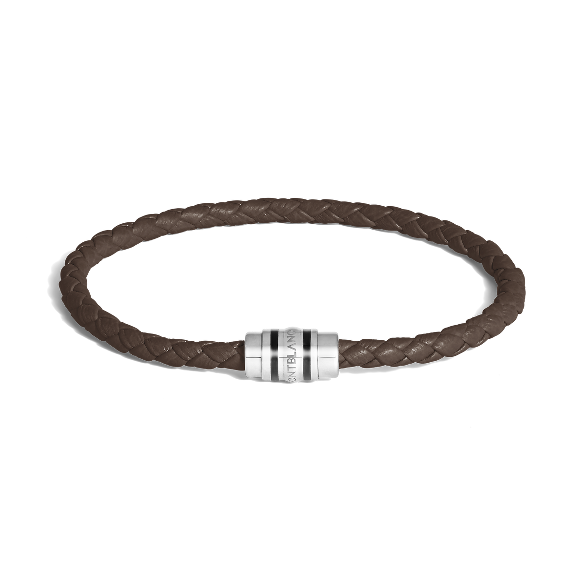 A Montblanc 3 Rings Ebony Grain Leather Bracelet with a textured finish and signature clasp, shown on a white background.
