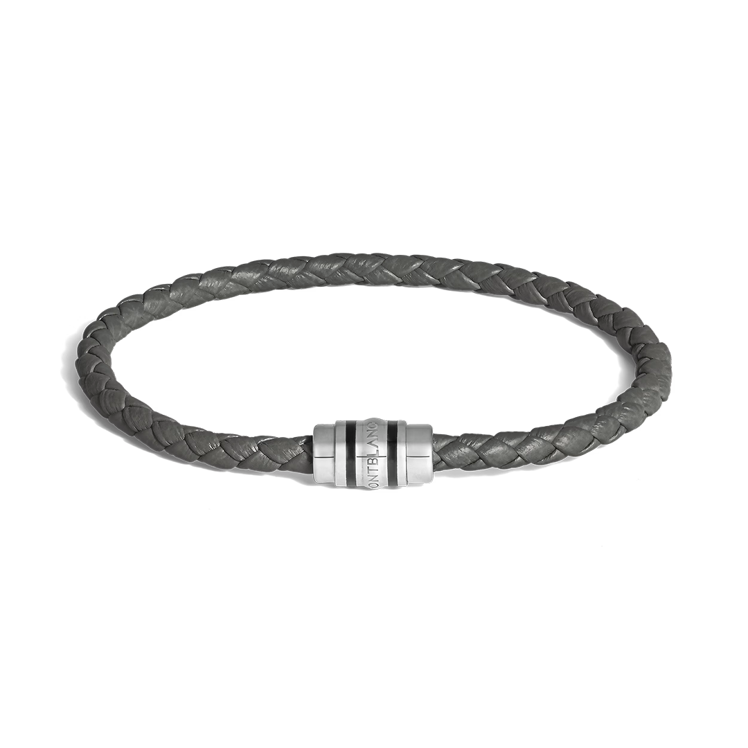 Montblanc 3 Rings Steel Woven Grain Leather Bracelet featuring a braided gray leather band and a cylindrical steel clasp with three black rings.