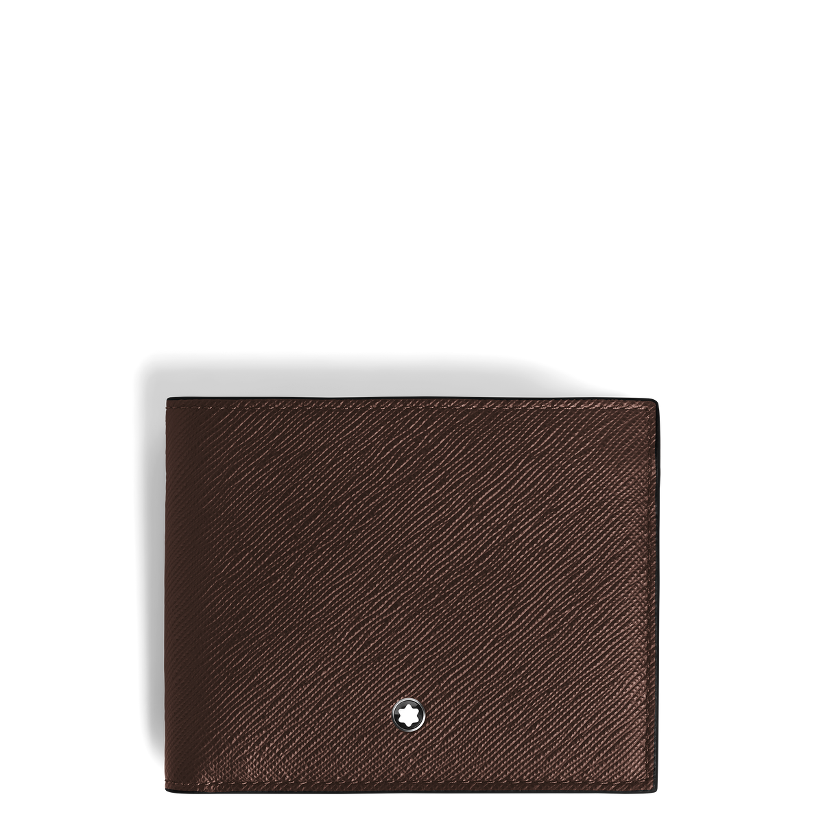 A brown Montblanc Sartorial 6CC Leather Wallet with embossed leather and a silver emblem at the bottom center, shown on a plain white background.