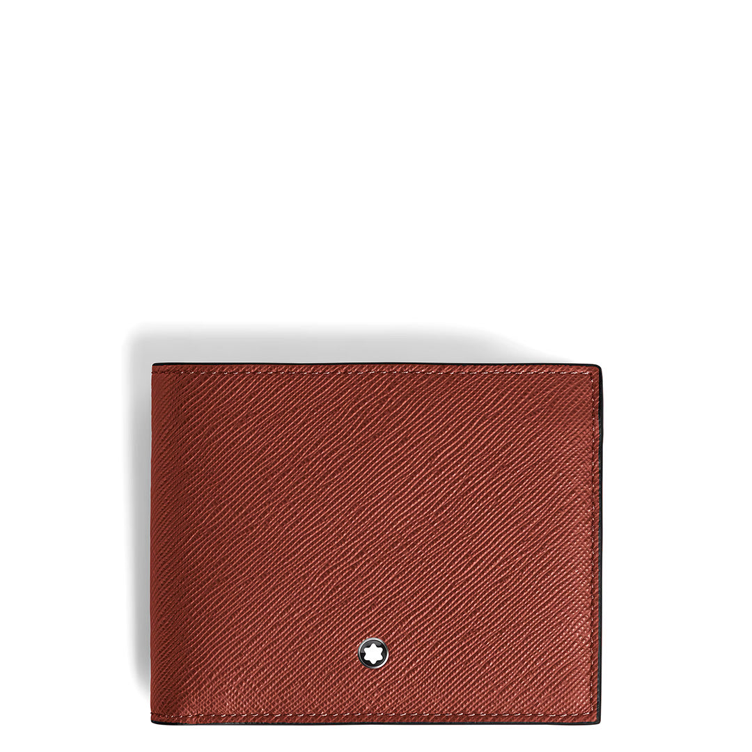 A closed brown Montblanc Sartorial 6CC Leather Wallet, crafted from embossed leather with a textured finish, displays a small round metallic Montblanc emblem near the bottom center, set against a plain white background.
