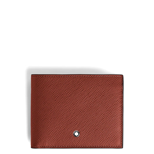 A closed brown Montblanc Sartorial 6CC Leather Wallet, crafted from embossed leather with a textured finish, displays a small round metallic Montblanc emblem near the bottom center, set against a plain white background.