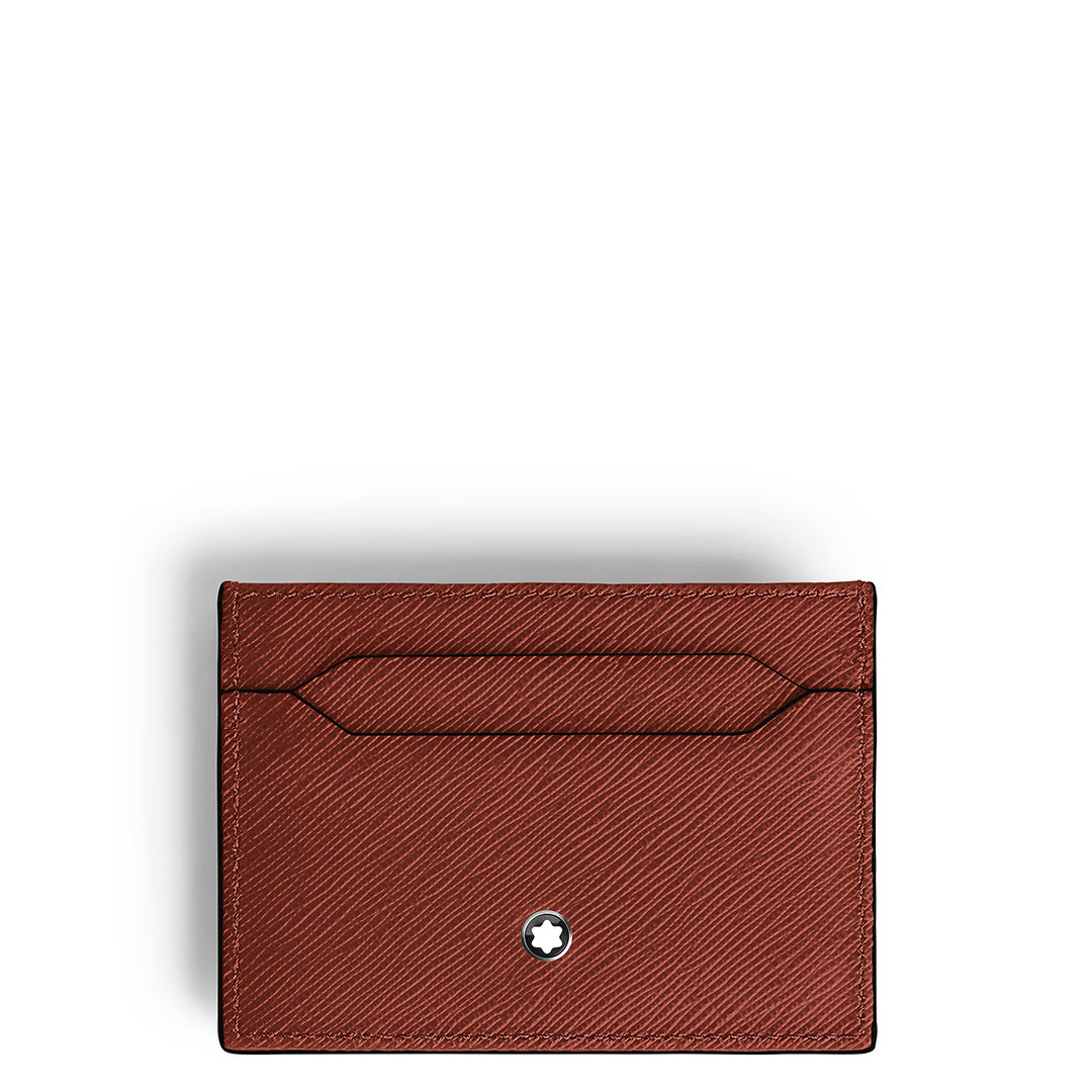 The Montblanc Sartorial 5CC Leather Card Holder, crafted in brown embossed leather and featuring the iconic white and silver circular Montblanc emblem at the bottom center, is shown on a plain white background.