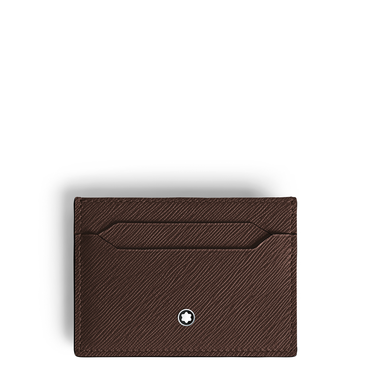 The Montblanc Sartorial 5CC Leather Card Holder is a brown embossed leather card holder with two card slots and the Montblanc star emblem centered at the bottom.